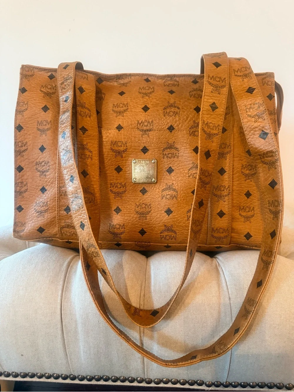 Vintage MCM Aren School Bag Tote Cognac Visetos Monogram Crossbody Shoulder